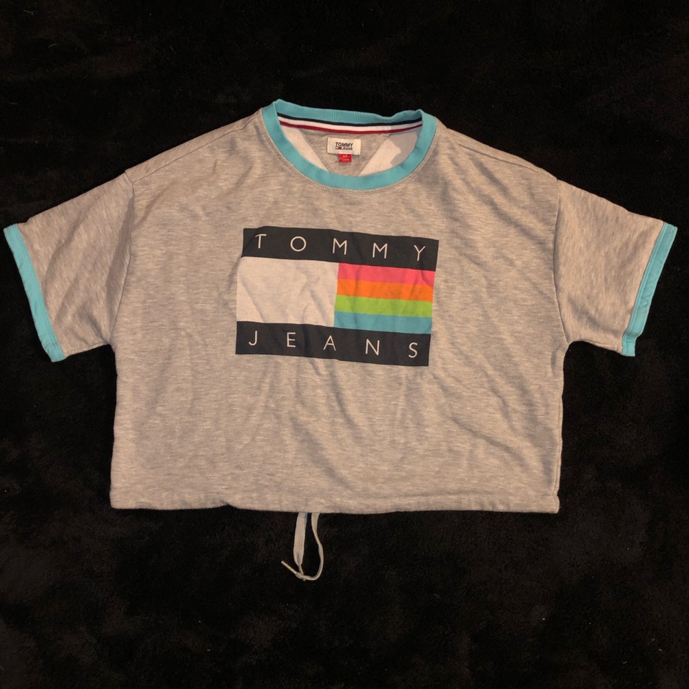 Tommy Hilfiger Tommy Jeans Grey Crop Tee with Aqua Trim and Drawstrings